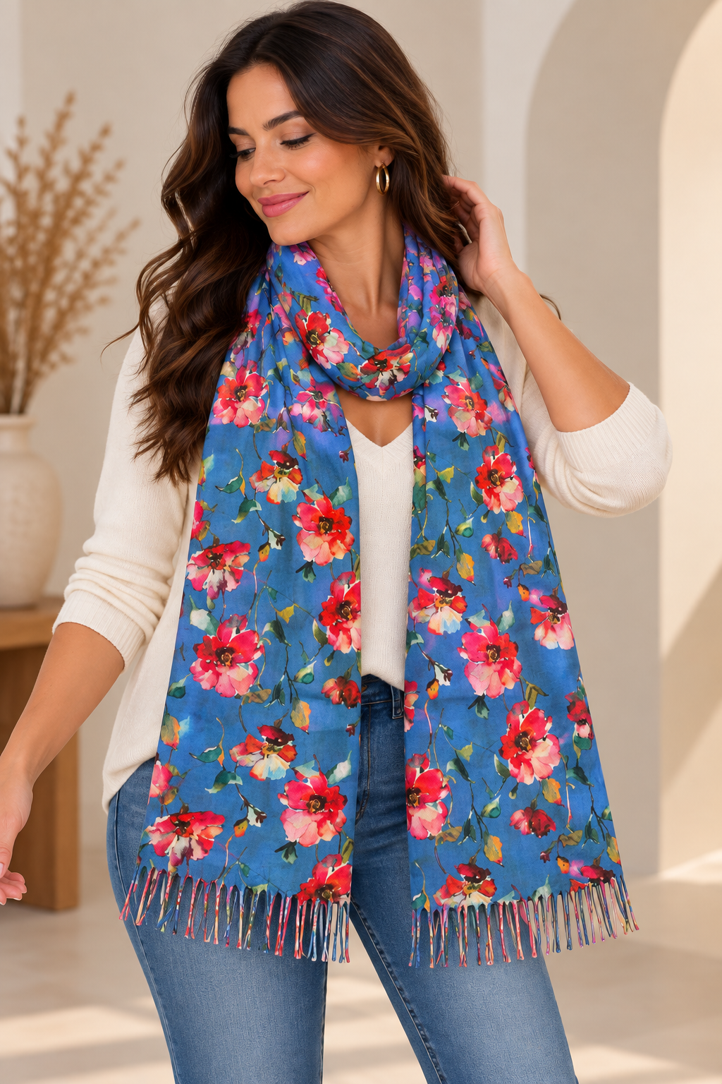 ELENA - ECHARPE BLEUE A FLEUR