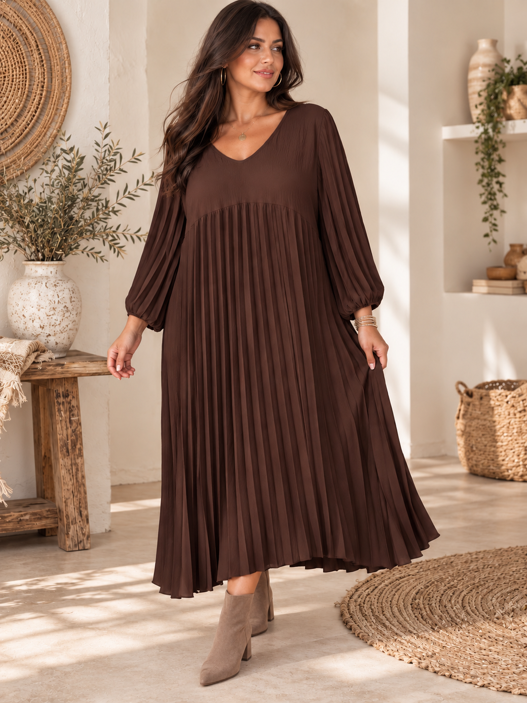 MELODIE - ROBE MARRON PLISSEE JUSQU'A LA TAILLE 56