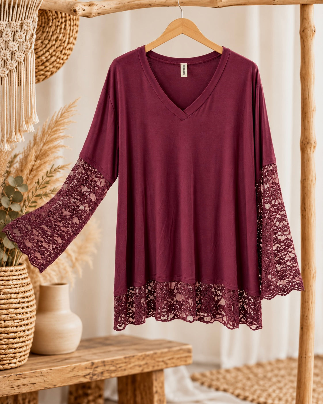 MARIKA - TOP BORDEAUX MANCHES EN DENTELLE TAILLE 48 A 56