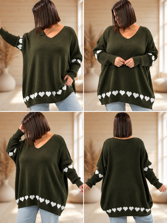 CESARIO- PULL OVERSIZE KAKI MOTIF COEUR TAILLE 54 A 60