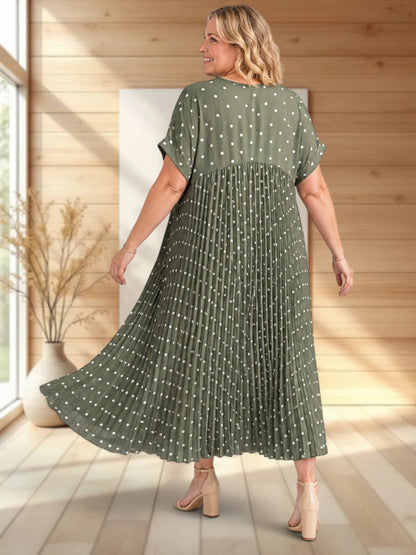 MELODIE - ROBE KAKI A POIS PLISSEE JUSQU'A LA TAILLE 56