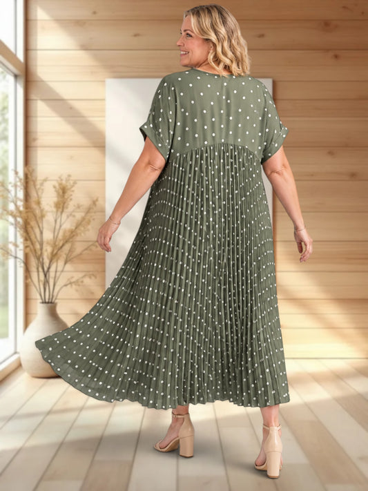 MELODIE - ROBE KAKI A POIS PLISSEE JUSQU'A LA TAILLE 56