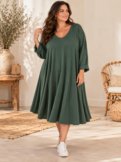 CHRISTA - ROBE TRAPEZE KAKI EN MAILLE JUSQU'A LA TAILLE 56
