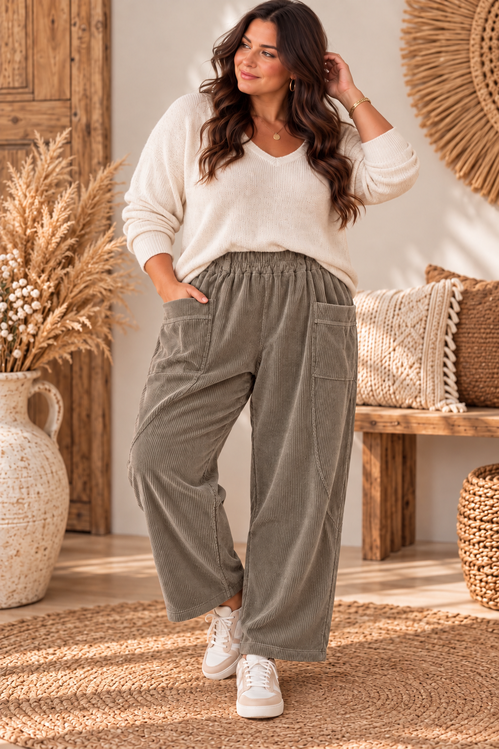 DANITO - PANTALON TAUPE EN VELOURS JUSQU'A LA TAILLE 52/54