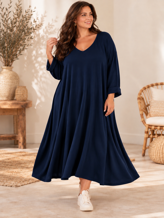 CHRISTA - ROBE TRAPEZE MARINE EN MAILLE JUSQU'A LA TAILLE 56