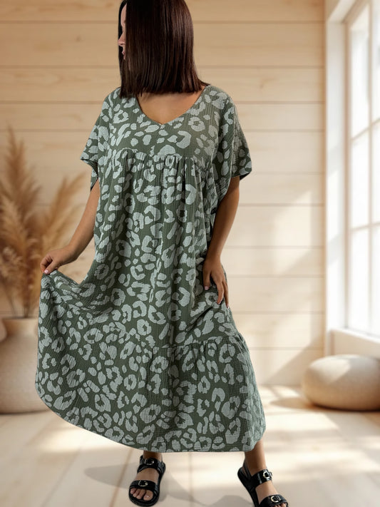 ROSITA - ROBE LEOPARD KAKI JUSQU'A LA TAILLE 54