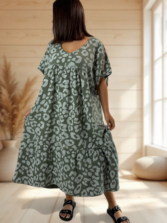 ROSITA - ROBE LEOPARD KAKI JUSQU'A LA TAILLE 54