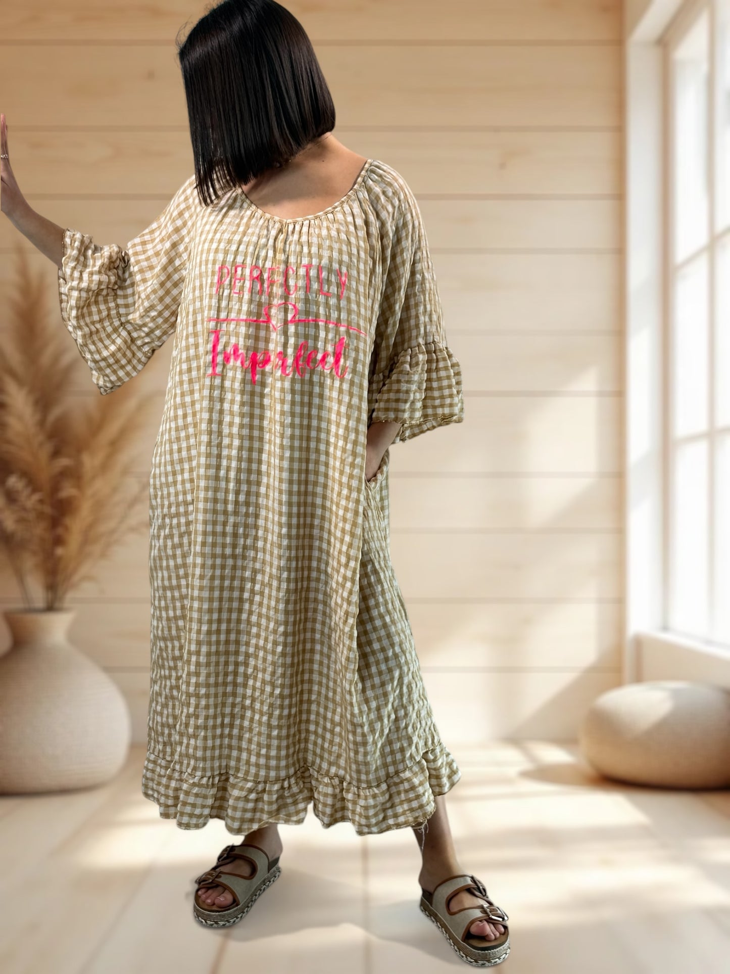 JULIA - ROBE VICHY CAMEL JUSQU'A LA TAILLE 54