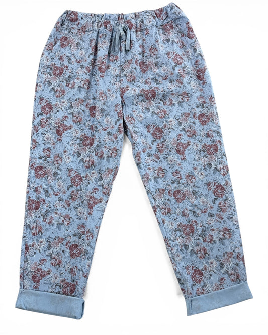 BONNY - PANTALON BLEU CIEL A FLEUR TAILLE 46/48 A 54
