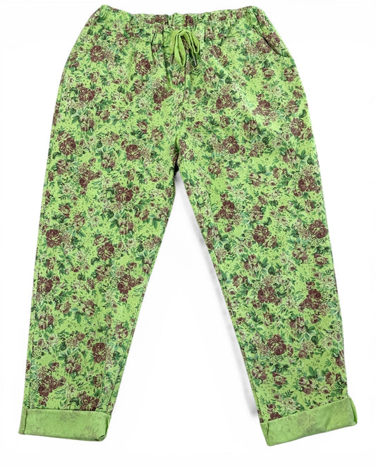 BONNY - PANTALON VERT ANIS A FLEUR TAILLE 46/48 A 54