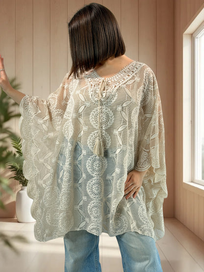 PRISCA  - TUNIQUE OVERSIZE BEIGE EN DENTELLE JUSQU'A LA TAILLE 60
