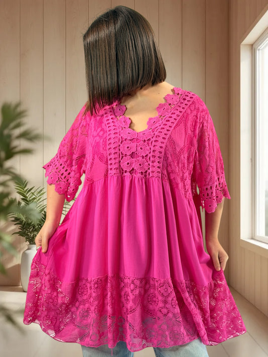 ILONA  - TUNIQUE EN DENTELLE FUCHSIA JUSQU'A LA TAILLE 54
