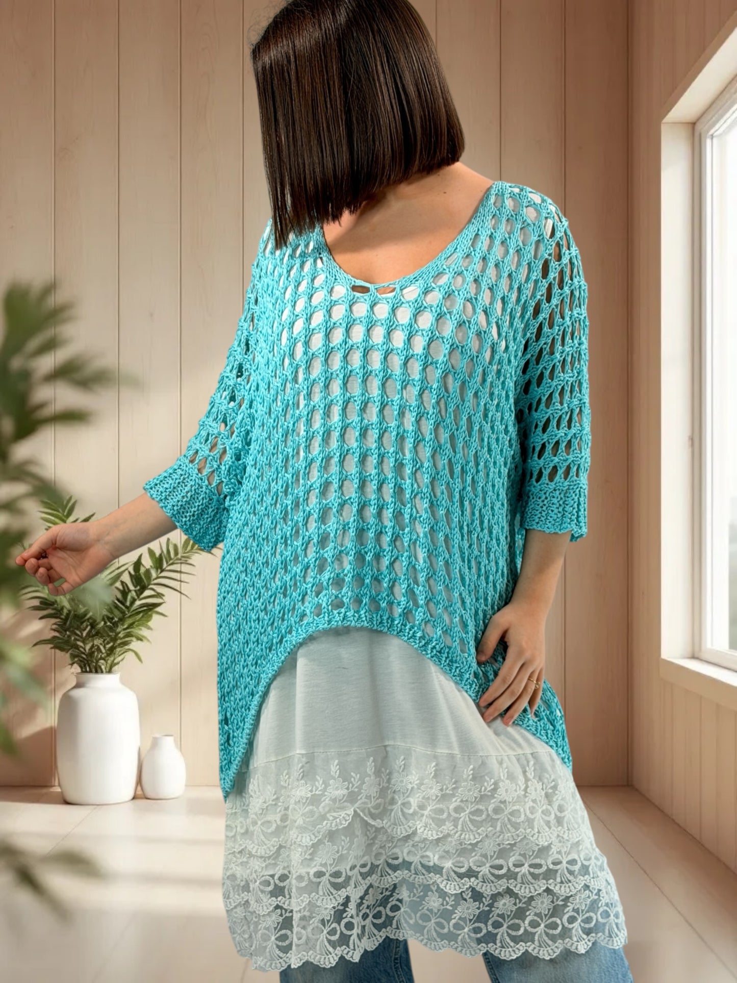 MASSIMO - PULL RESILLE TURQUOISE JUSQU'A LA TAILLE 52/54