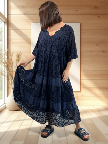 LINDA - ROBE LONGUE MARINE EN DENTELLE JUSQU'A LA TAILLE 56