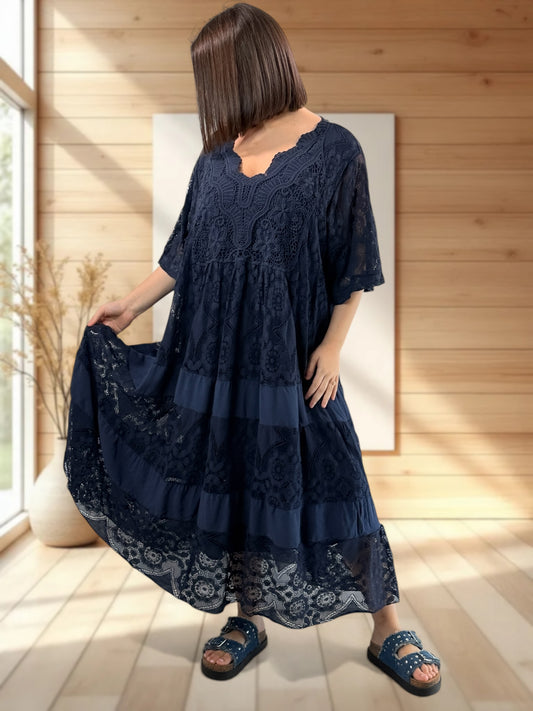 LINDA - ROBE LONGUE MARINE EN DENTELLE JUSQU'A LA TAILLE 56 MARINE