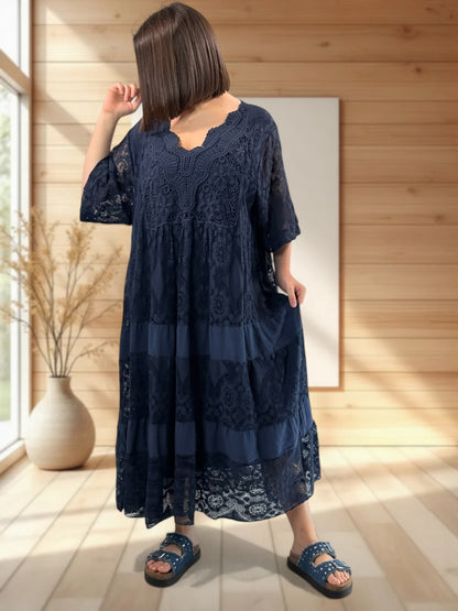 LINDA - ROBE LONGUE MARINE EN DENTELLE JUSQU'A LA TAILLE 56