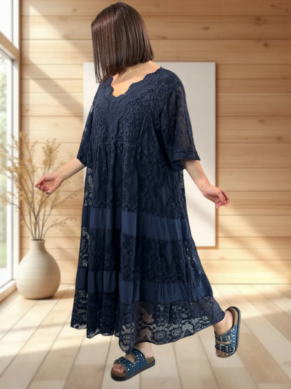 LINDA - ROBE LONGUE MARINE EN DENTELLE JUSQU'A LA TAILLE 56