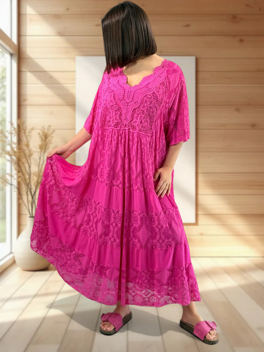 LINDA - ROBE LONGUE FUCHSIA EN DENTELLE JUSQU'A LA TAILLE 56