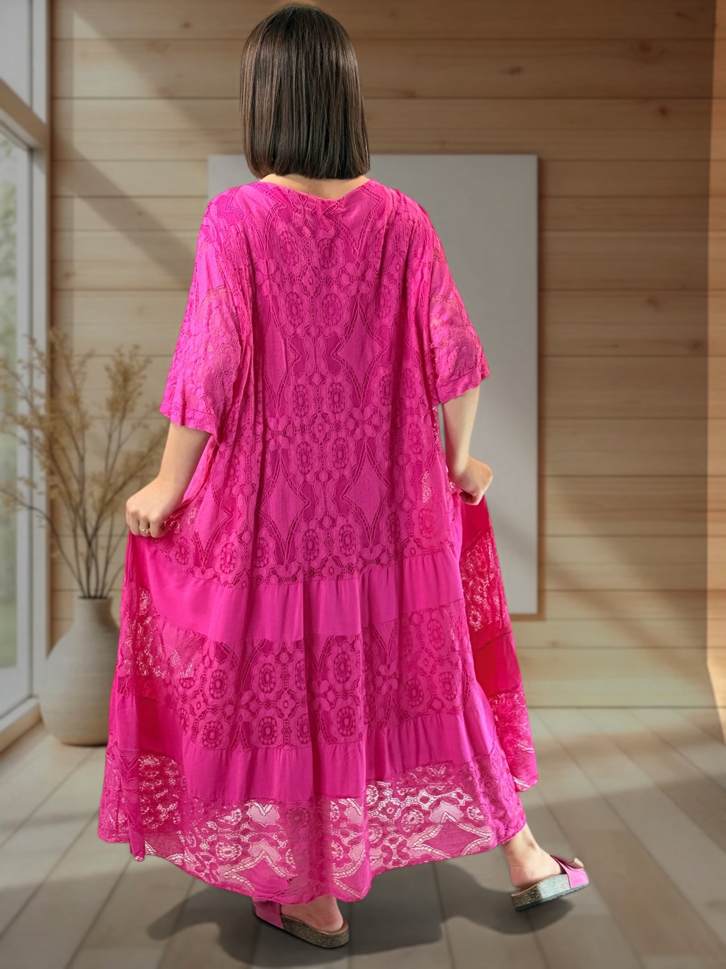 LINDA - ROBE LONGUE FUCHSIA EN DENTELLE JUSQU'A LA TAILLE 56