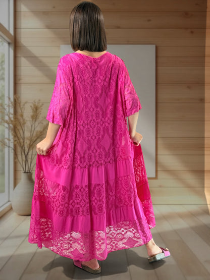 LINDA - ROBE LONGUE FUCHSIA EN DENTELLE JUSQU'A LA TAILLE 56