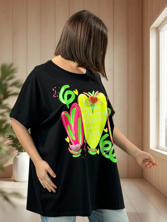 LIVIA - T-SHIRT OVERSIZE NOIR A MOTIF TAILLE 46/48 A 56