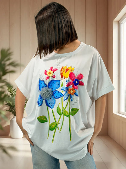 LIVIA - T-SHIRT OVERSIZE BLANC A MOTIF TAILLE 46/48 A 56