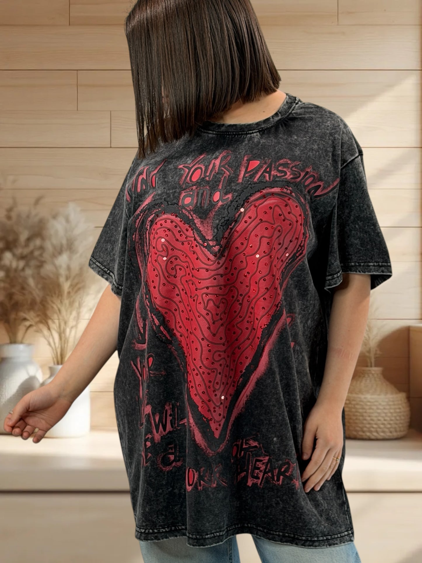 PASSION - T-SHIRT NOIR A MOTIF JUSQU'A LA TAILLE 50/52