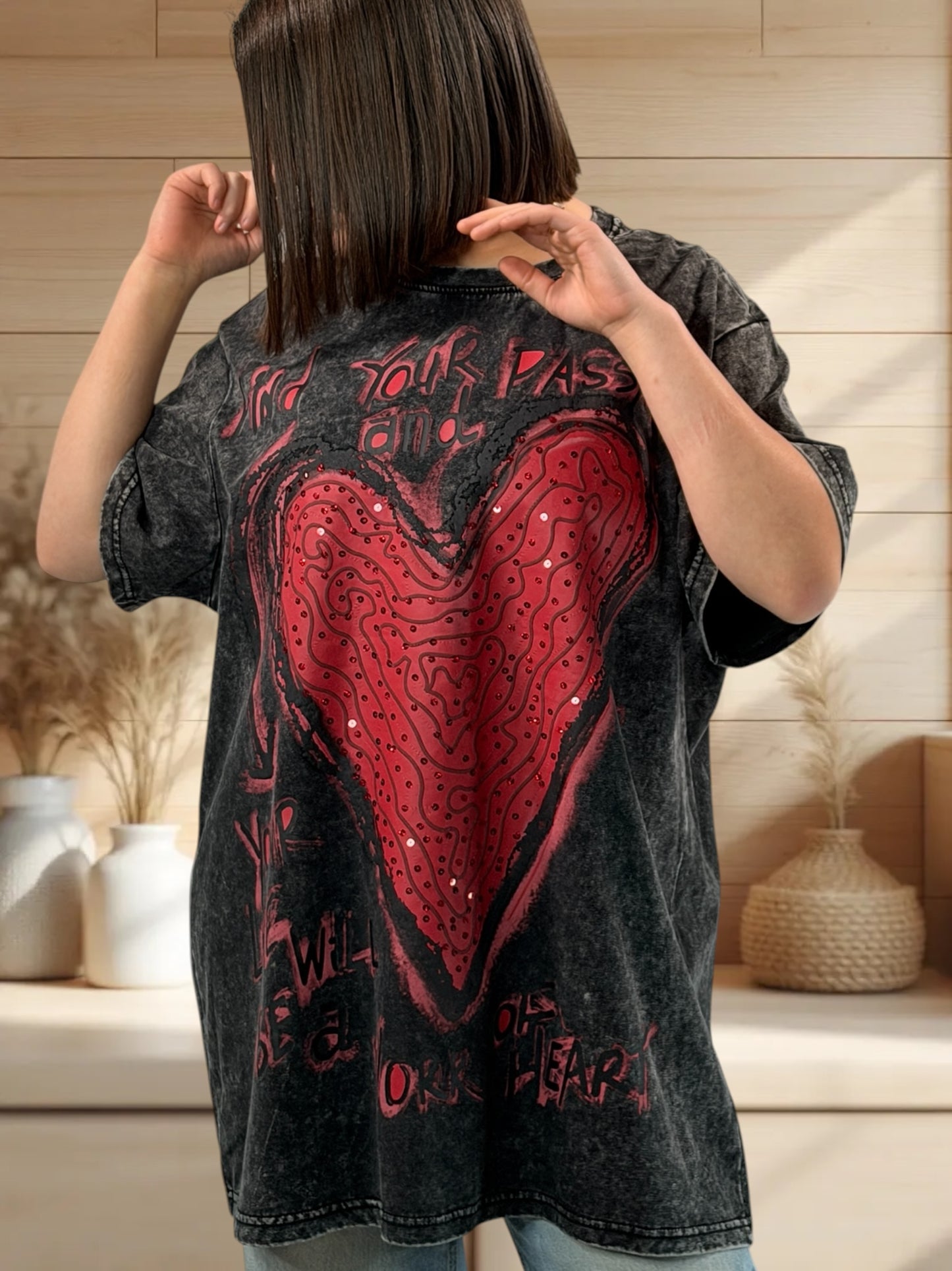 PASSION - T-SHIRT NOIR A MOTIF JUSQU'A LA TAILLE 50/52