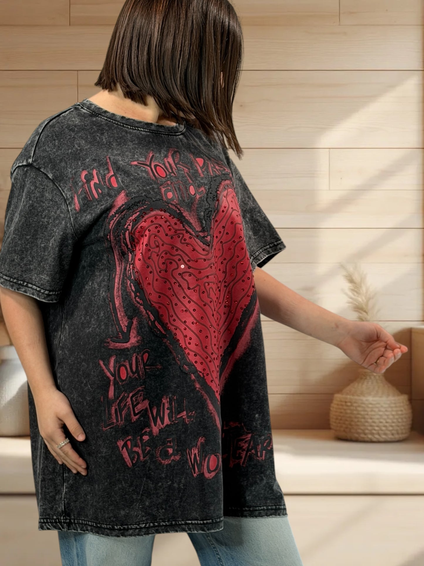 PASSION - T-SHIRT NOIR A MOTIF JUSQU'A LA TAILLE 50/52