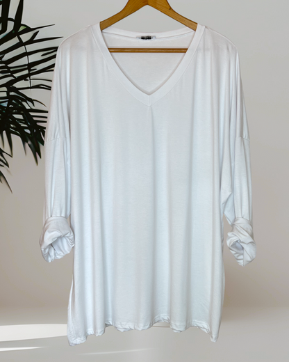 BASTIEN - T-SHIRT EN VISCOSE BLANC MANCHES LONGUES JUSQU'A LA TAILLE 52/54