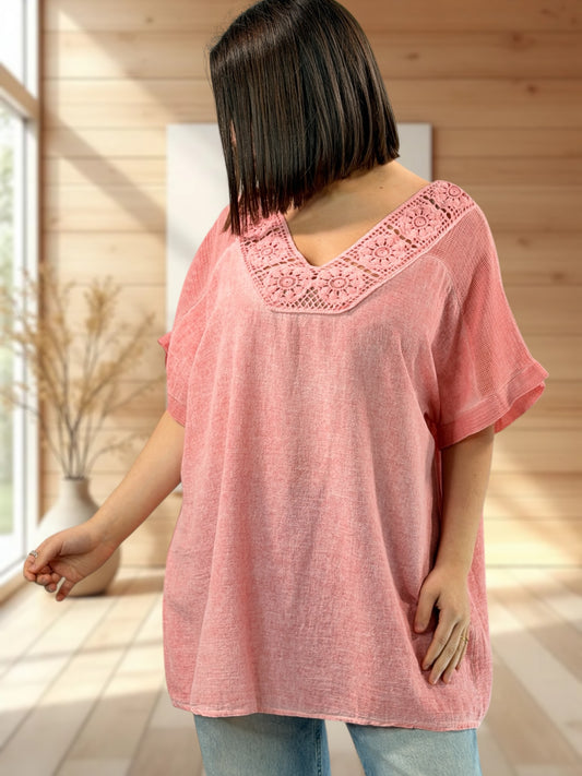 RAVELLO - TOP ROSE COTON ET LIN JUSQU'A LA TAILLE 50