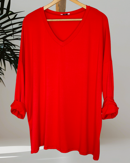 BASTIEN - T-SHIRT EN VISCOSE ROUGE MANCHES LONGUES JUSQU'A LA TAILLE 52/54