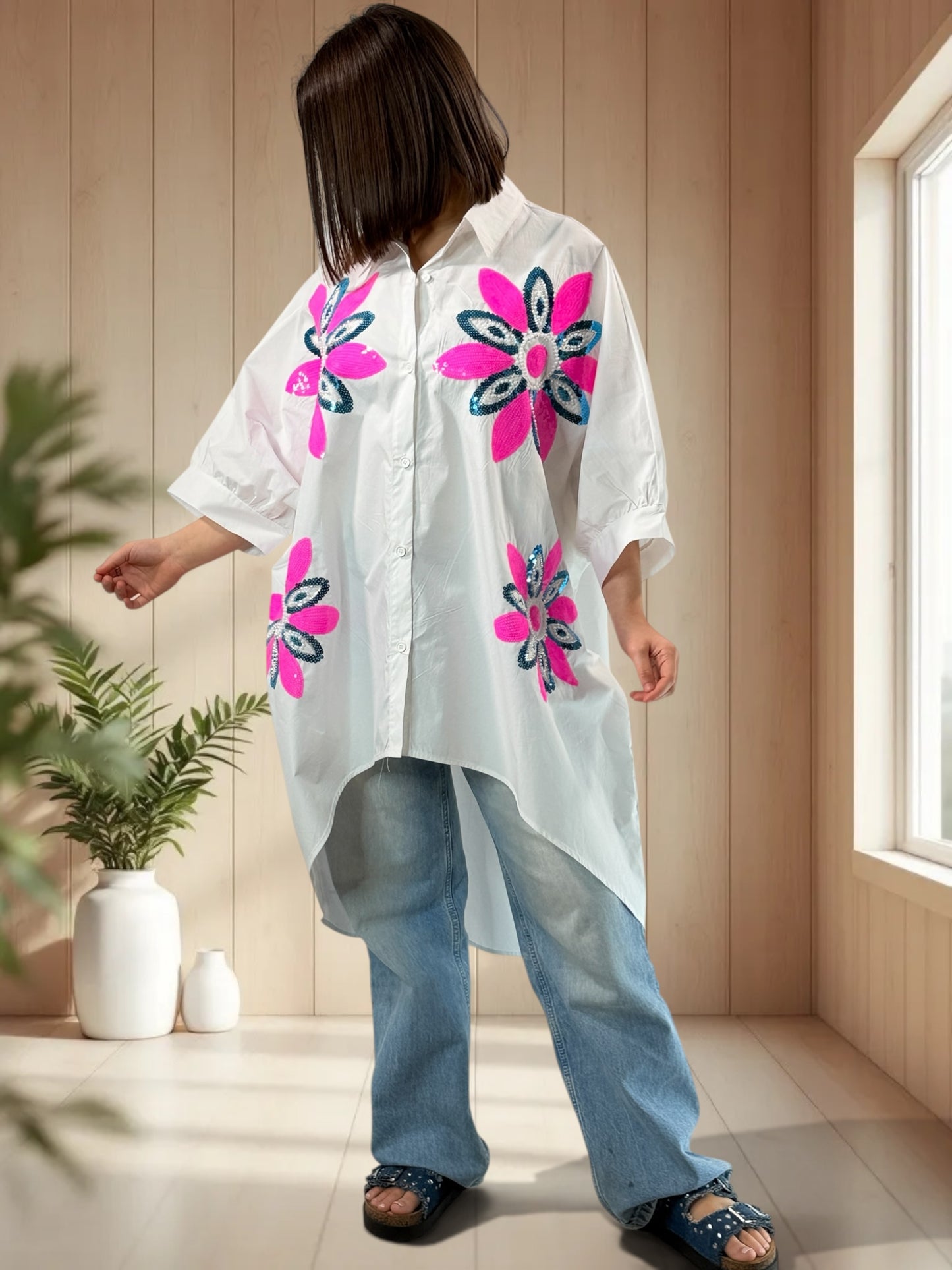 CLAUDIA  - TUNIQUE OVERSIZE BLANCHE A MOTIF JUSQU'A LA TAILLE 58/60