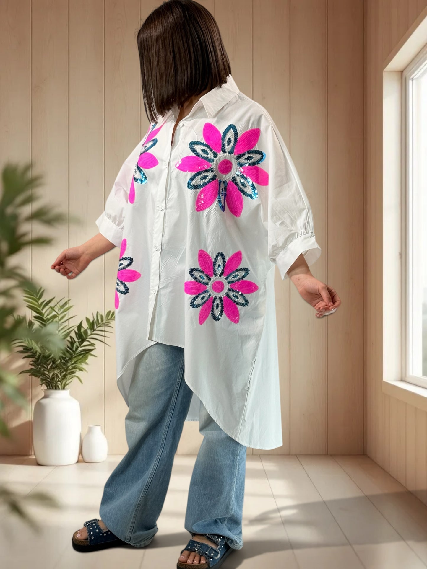 CLAUDIA  - TUNIQUE OVERSIZE BLANCHE A MOTIF JUSQU'A LA TAILLE 58/60