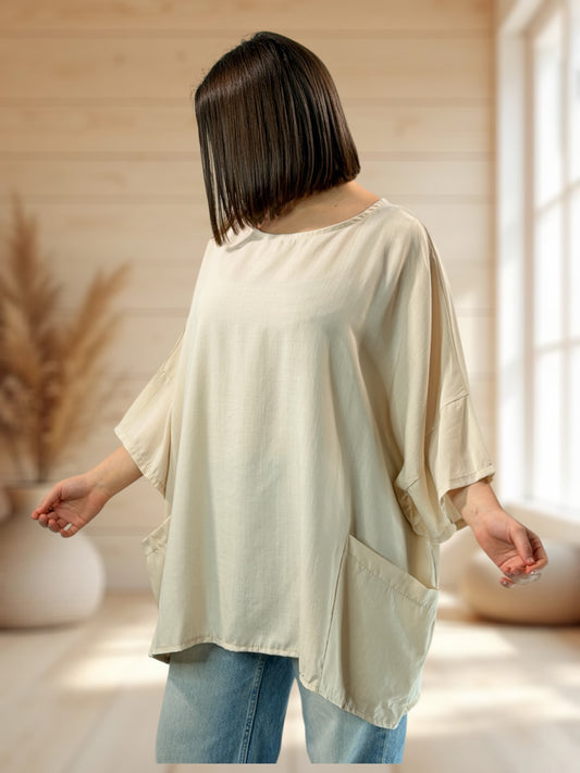 OCEANE  - TUNIQUE OVERSIZE BEIGE JUSQU'A LA TAILLE 56