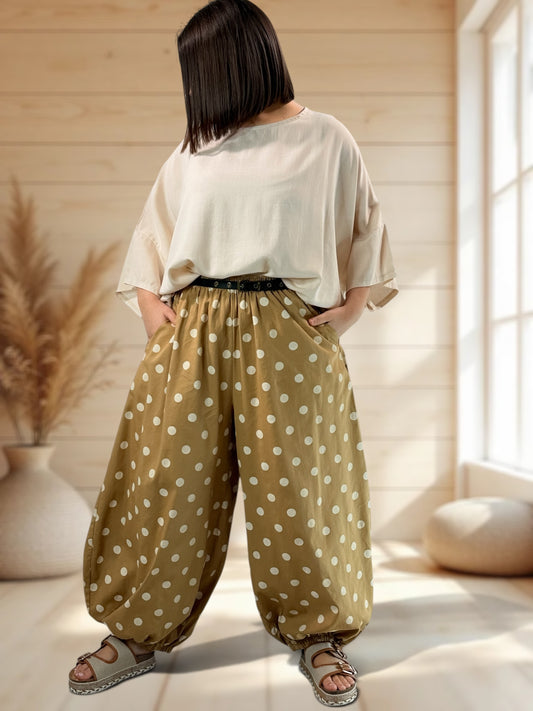 GABRIEL - PANTALON EN COTON CAMEL A POIS JUSQU'A LA TAILLE 54/56