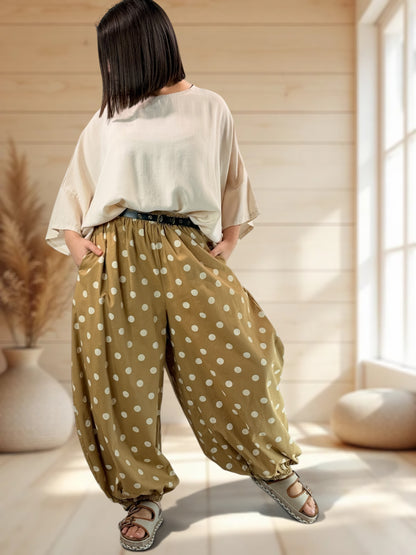 GABRIEL - PANTALON EN COTON CAMEL A POIS JUSQU'A LA TAILLE 54/56