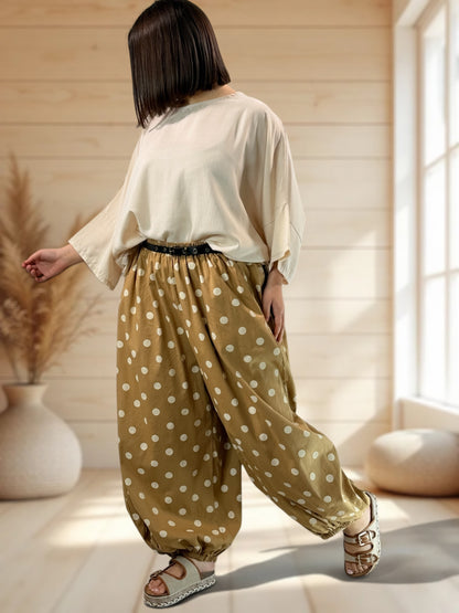 GABRIEL - PANTALON EN COTON CAMEL A POIS JUSQU'A LA TAILLE 54/56