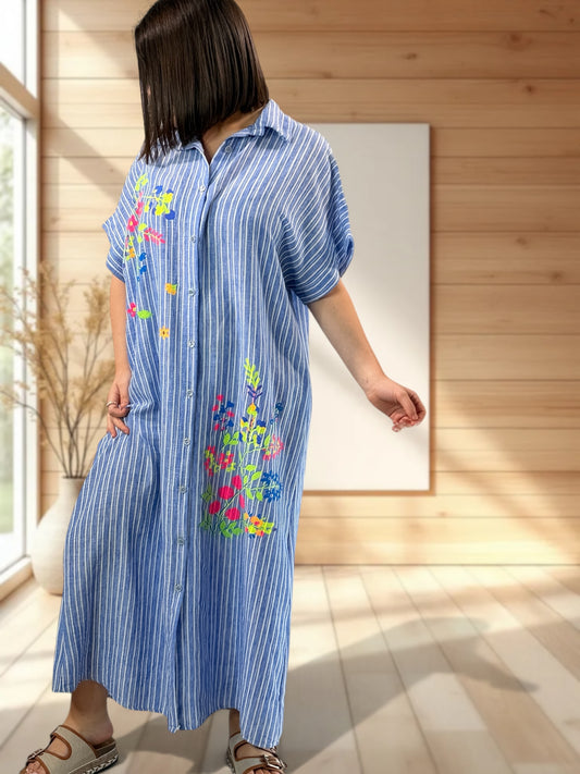 REGINA - ROBE A RAYURE BLEUE JUSQU'A LA TAILLE 50