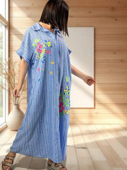 REGINA - ROBE A RAYURE BLEUE JUSQU'A LA TAILLE 50