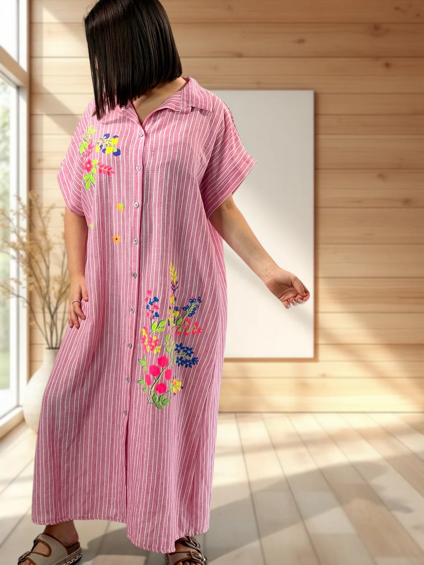 REGINA - ROBE A RAYURE ROSE JUSQU'A LA TAILLE 50