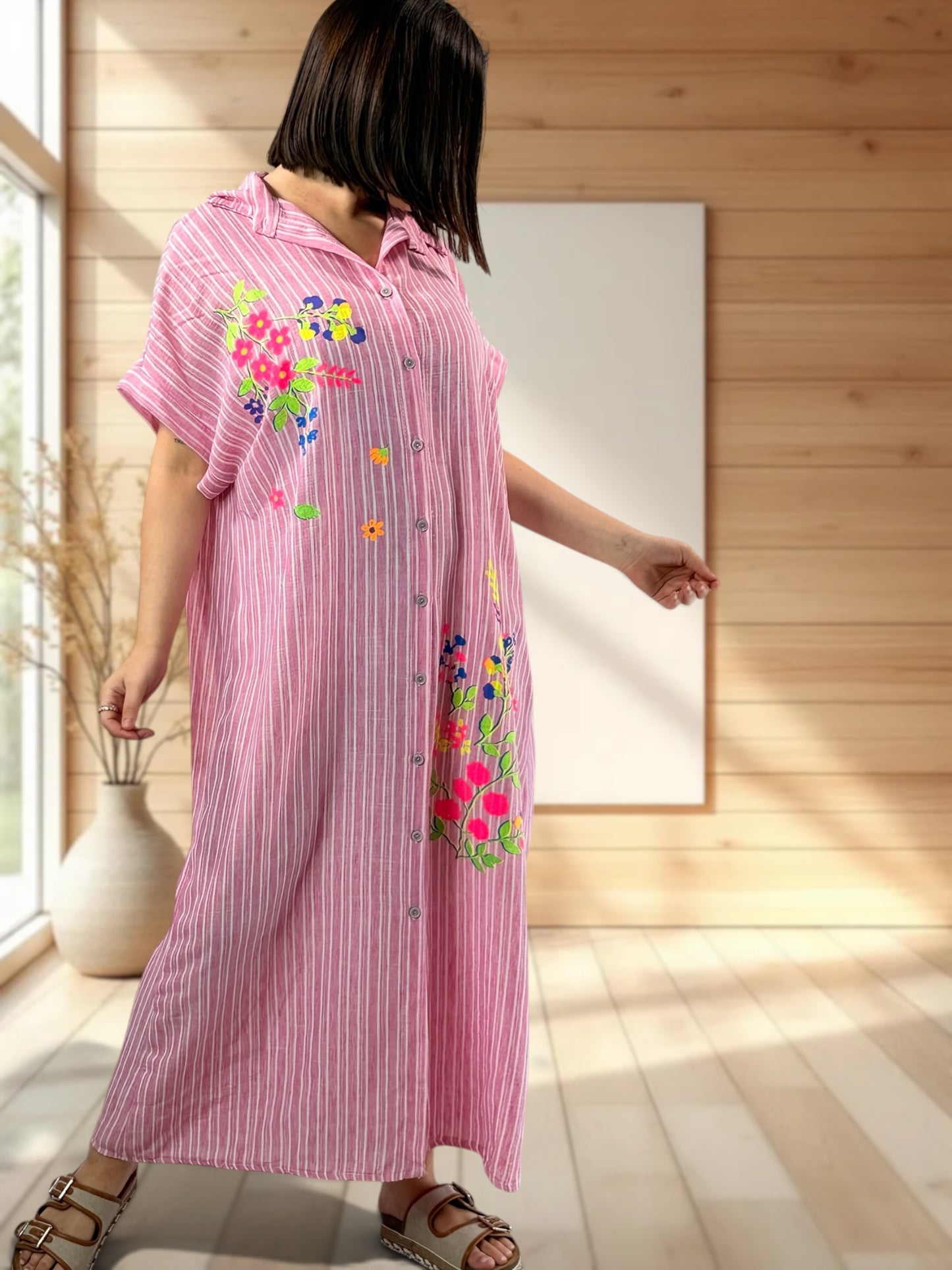 REGINA - ROBE A RAYURE ROSE JUSQU'A LA TAILLE 50