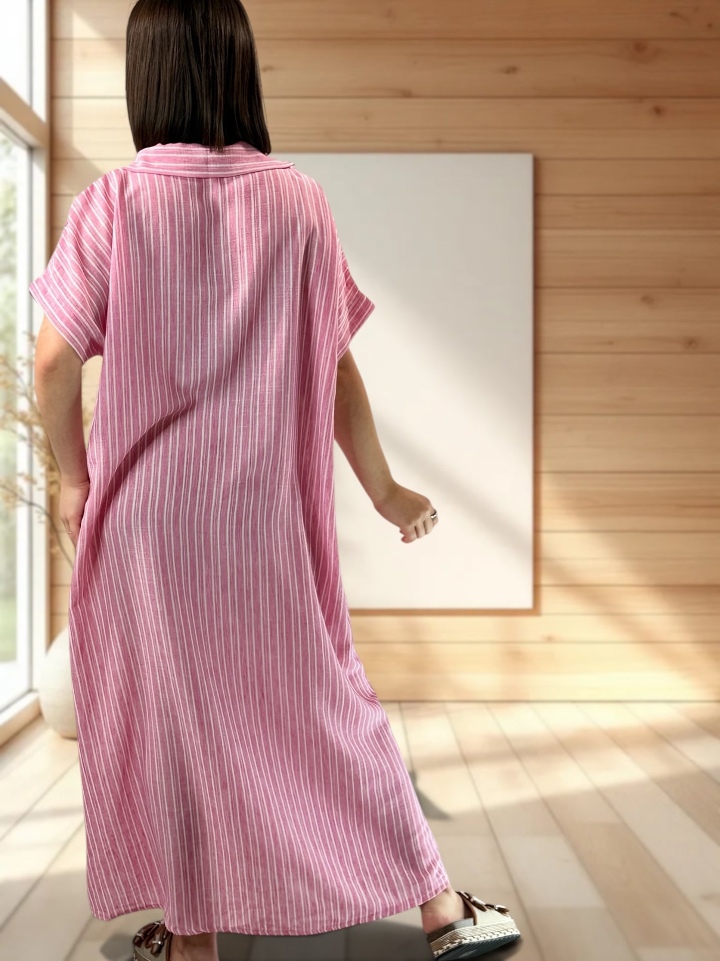 REGINA - ROBE A RAYURE ROSE JUSQU'A LA TAILLE 50