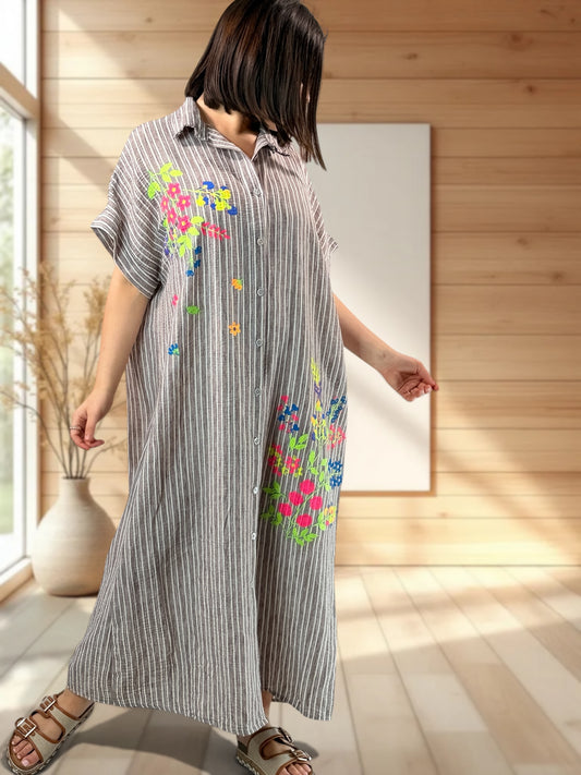 REGINA - ROBE A RAYURE TAUPE JUSQU'A LA TAILLE 50