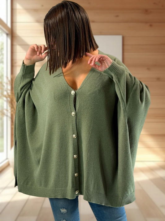 MATHILDE - GILET OVERSIZE KAKI JUSQU'A LA TAILLE 56/58
