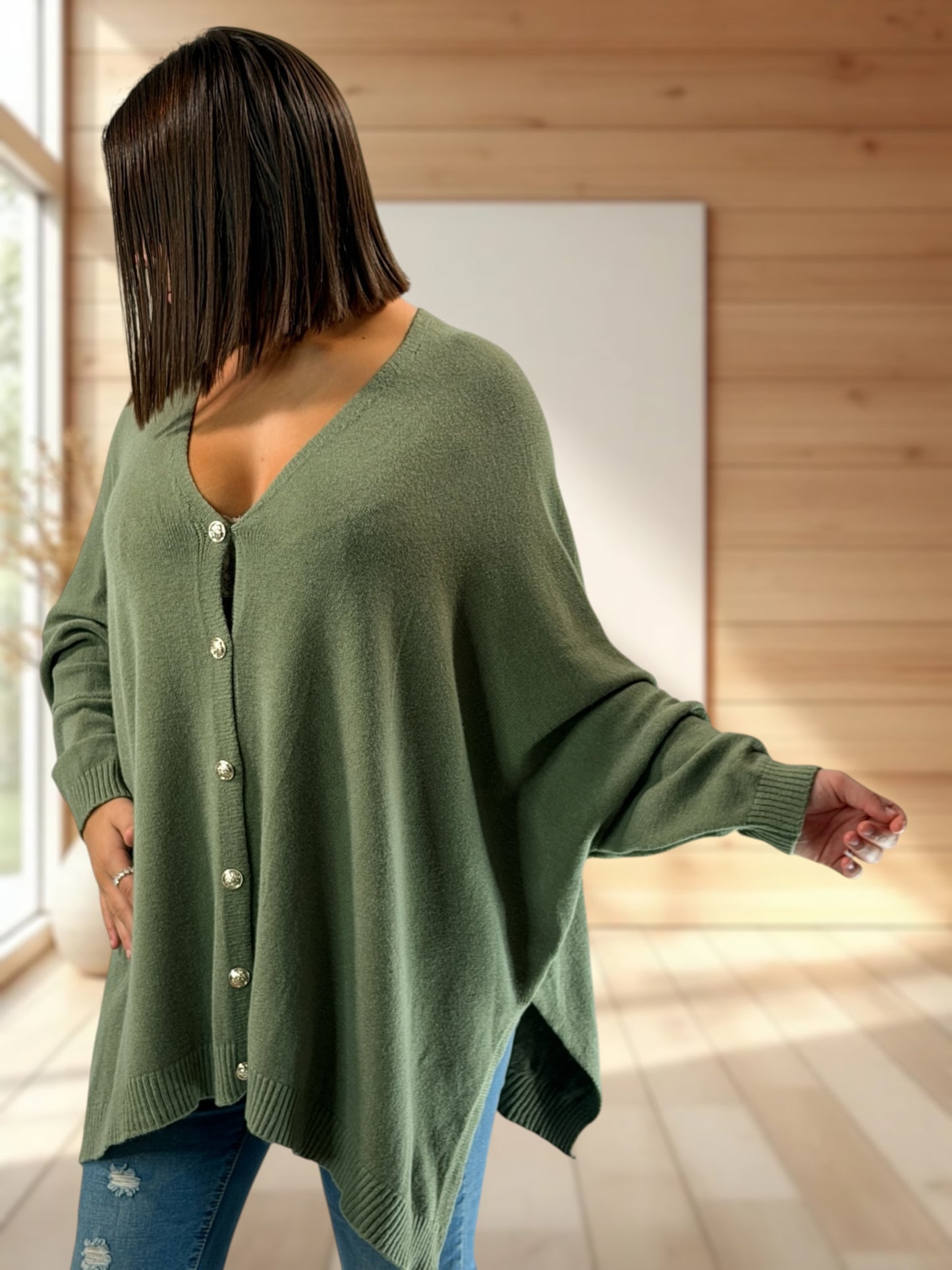 MATHILDE - GILET OVERSIZE KAKI JUSQU'A LA TAILLE 56/58
