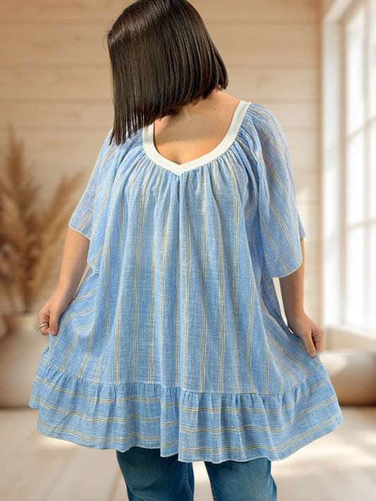 ROSETA  - TUNIQUE A RAYURE BLEU CIEL JUSQU'A LA TAILLE 56