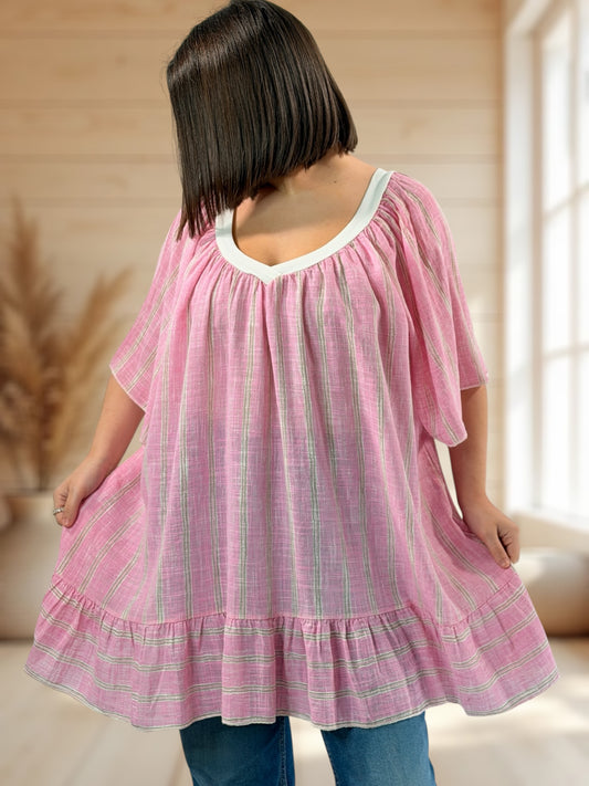 ROSETA  - TUNIQUE A RAYURE ROSE JUSQU'A LA TAILLE 56