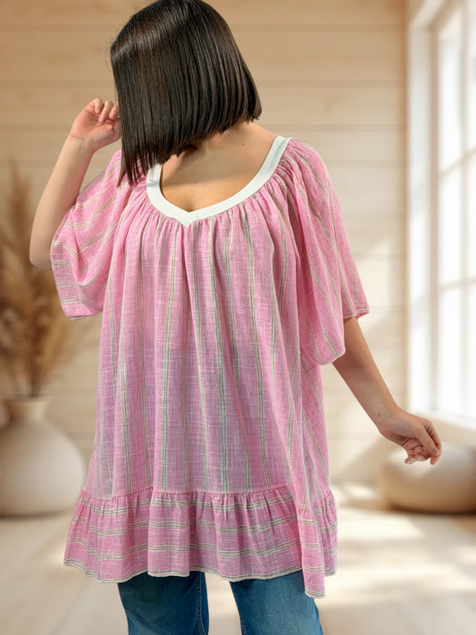ROSETA  - TUNIQUE A RAYURE ROSE JUSQU'A LA TAILLE 56