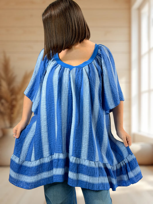 ANATOLIA  - TUNIQUE A RAYURE BLEU IMPERIAL JUSQU'A LA TAILLE 56